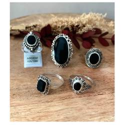 Bague Marquise Cabochon Pierre Onyx Vintage, Argent Aspect Vieilli 925/000