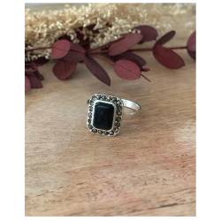 Bague pierre onyx carré & zirconium brillants en argent 925/000 - Vintage