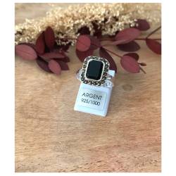 Bague pierre onyx carré & zirconium brillants en argent 925/000 - Vintage