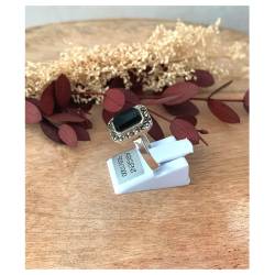 Bague pierre onyx carré & zirconium brillants en argent 925/000 - Vintage