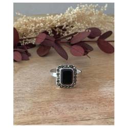 Bague pierre onyx carré & zirconium brillants en argent 925/000 - Vintage