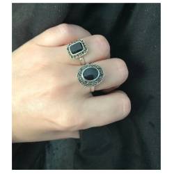 Bague pierre onyx carré & zirconium brillants en argent 925/000 - Vintage