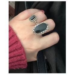 Bague pierre onyx carré & zirconium brillants en argent 925/000 - Vintage