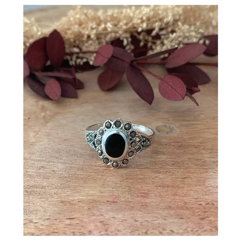 Bague fleur pierre noire Onyx en argent style vintage 925/000
