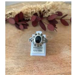 Bague fleur pierre noire Onyx en argent style vintage 925/000
