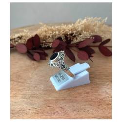 Bague fleur pierre noire Onyx en argent style vintage 925/000