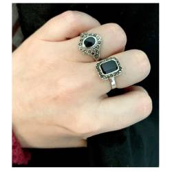Bague fleur pierre noire Onyx en argent style vintage 925/000