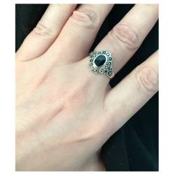 Bague fleur pierre noire Onyx en argent style vintage 925/000