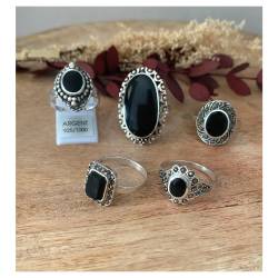 Bague fleur pierre noire Onyx en argent style vintage 925/000