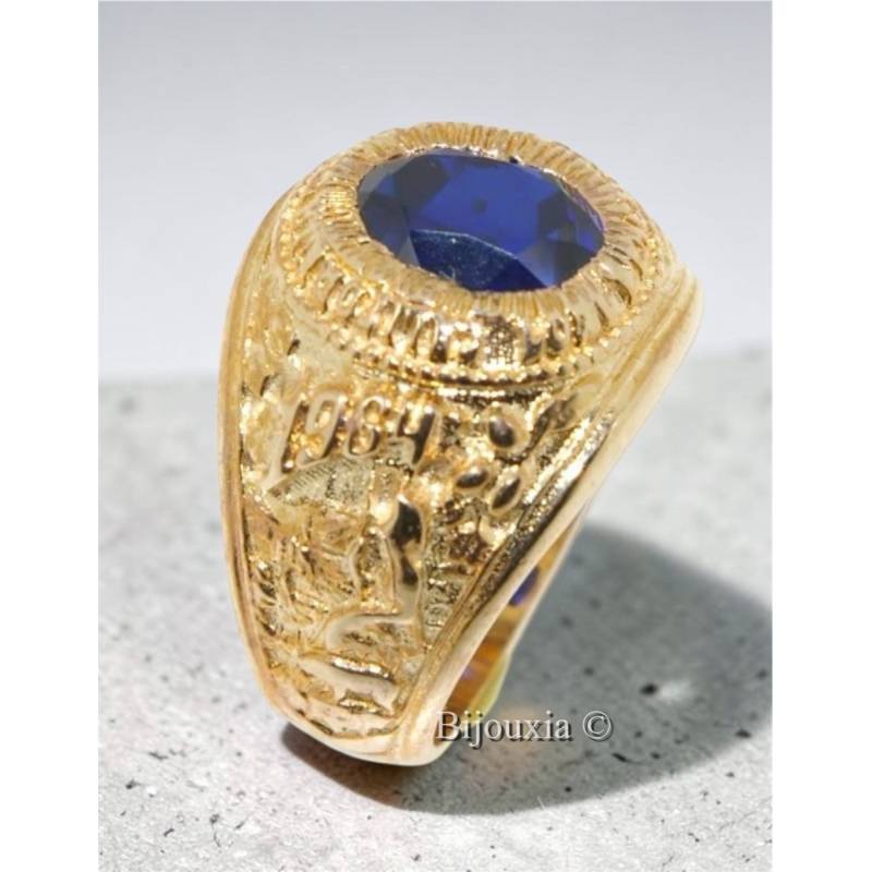 Chevalière US Américaine En Plaqué Or 18 Ct Pierre Bleu Saphir Tailles 52 à 72