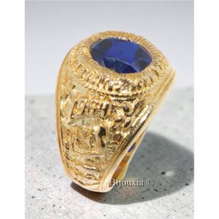 Chevalière US Américaine En Plaqué Or 18 Ct Pierre Bleu Saphir Tailles 52 à 72
