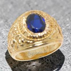 Chevalière US Américaine En Plaqué Or 18 Ct Pierre Bleu Saphir Tailles 52 à 72