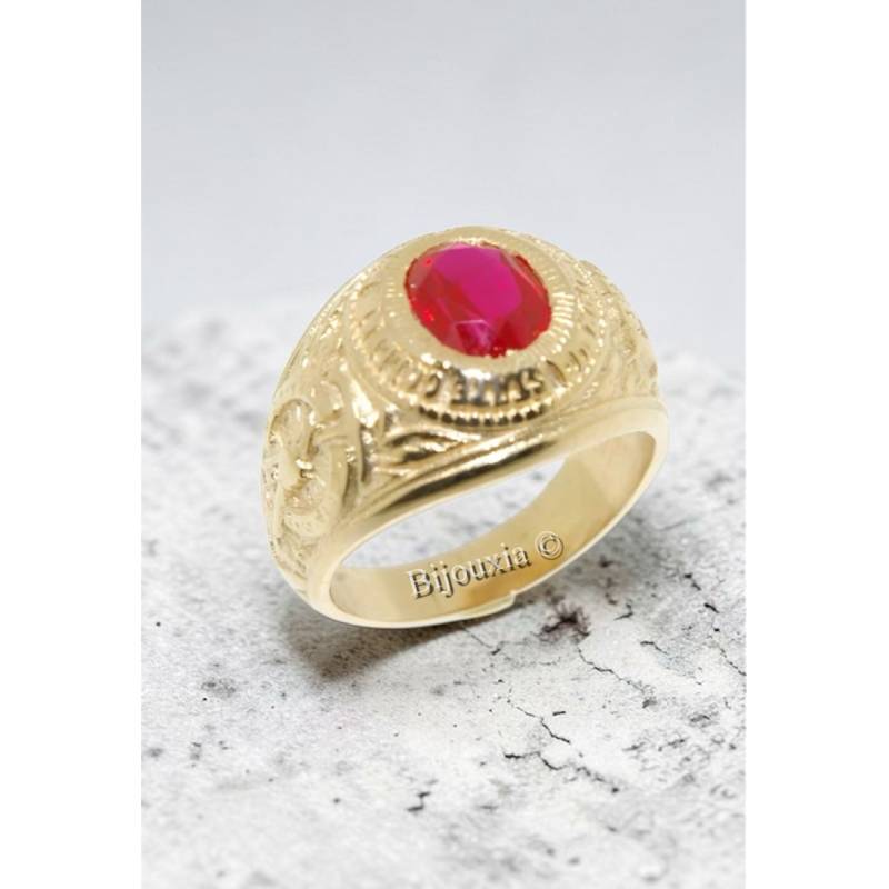 Chevalière US Américaine En Plaqué Or 18 Ct Pierre Rouge Rubis Tailles 52 à 72