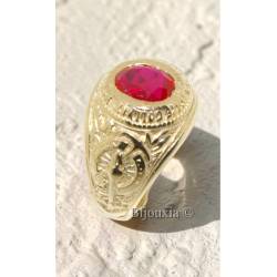 Chevalière US Américaine En Plaqué Or 18 Ct Pierre Rouge Rubis Tailles 52 à 72