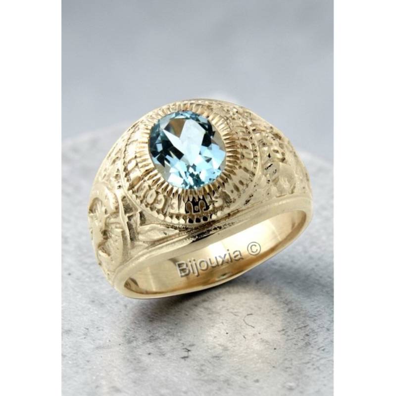 Chevalière US Américaine En Plaqué Or 18 Ct Pierre Bleu Topaze Tailles 52 à 72