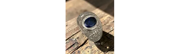 Chevalière US Américaine En Argent 925/000 Pierre Bleu Saphir Tailles 52 à 72