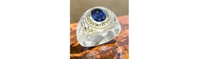 Chevalière US Américaine En Argent 925/000 Pierre Bleu Saphir Tailles 52 à 72