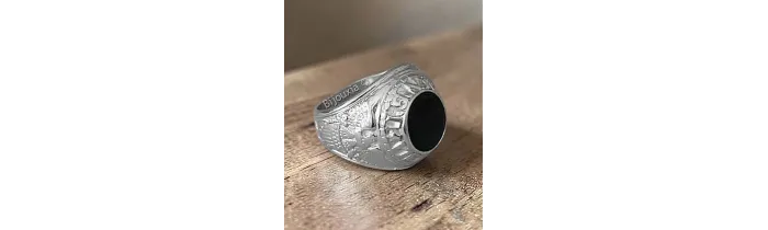 Chevalière US Américaine En Argent 925/000 Onyx Tailles 52 à 70