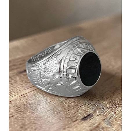 Chevalière US Américaine En Argent 925/000 Onyx Tailles 52 à 70