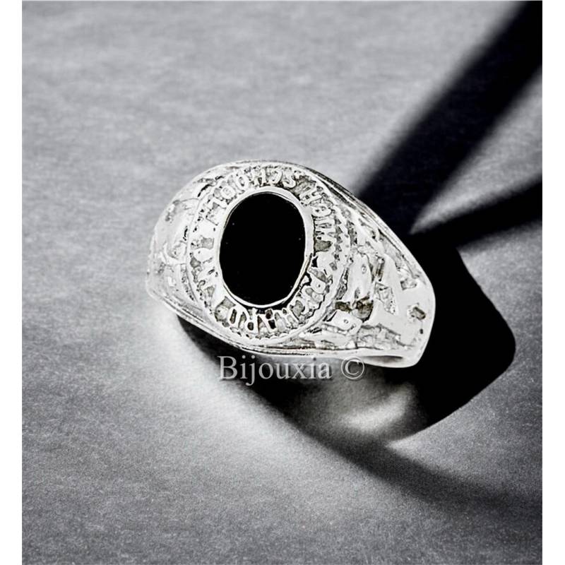 Chevalière US Américaine En Argent 925/000 Onyx Tailles 50 à 70