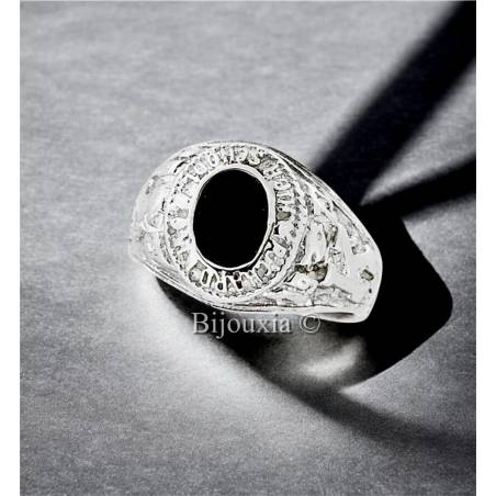 Chevalière US Américaine En Argent 925/000 Onyx Tailles 50 à 70