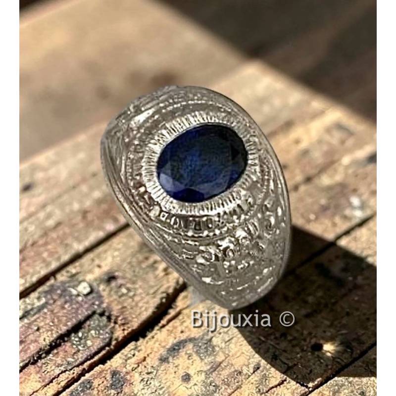 Chevalière Taille 64 US Américaine En Argent 925/000 Pierre Bleu Saphir