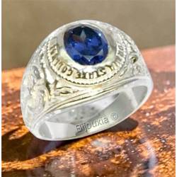 Chevalière Taille 64 US Américaine En Argent 925/000 Pierre Bleu Saphir