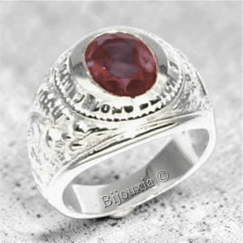 Chevalière TAILLE 62 US Américaine En Argent 925/000 Pierre Rouge Rubis