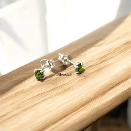Boucles D'oreilles Puces Zirconium Vert Péridot 3MM Argent 925/1000 Bijoux