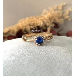 Bague Pierre Bleu Zirconium Saphir Plaqué Or 18 Carats 5 Microns Joaillerie