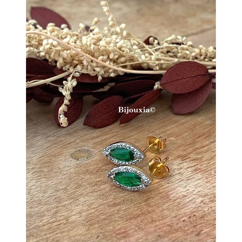 Boucles d’oreilles clous d’oreilles marquise cristal vert zircon plaqué or 18K