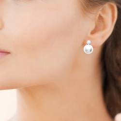 Boucles D'oreilles Perles + Cristal Zirconium Serti Argent Massif 925 Rhodié