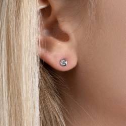 Boucles D'oreilles 3mm Zirconium Cristal Rond Serti Clos Argent 925/000 Rhodié