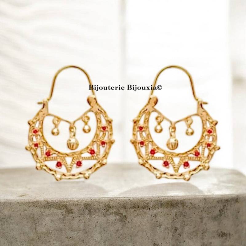 Créoles Savoyardes Cz Rubis Plaqué Or 18 Carats 750/000 Bijoux Femme