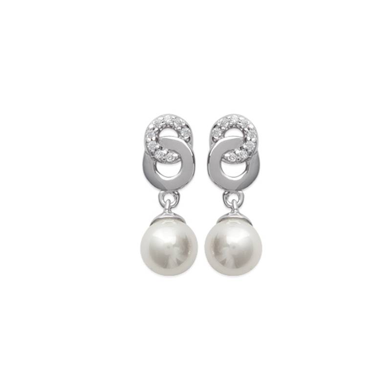 Boucles D'oreilles Perles Pendantes +Cercles Zirconium Argent 925/000 Rhodié