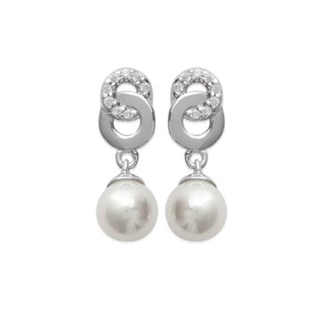 Boucles D'oreilles Perles Pendantes +Cercles Zirconium Argent 925/000 Rhodié