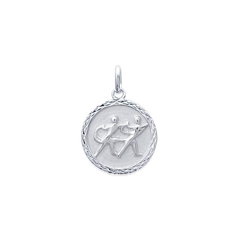 Pendentif Médaille Signe Zodiaque Gémeaux Argent Massif 925/1000