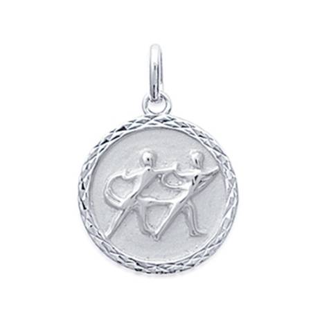 Pendentif Médaille Signe Zodiaque Gémeaux Argent Massif 925/1000