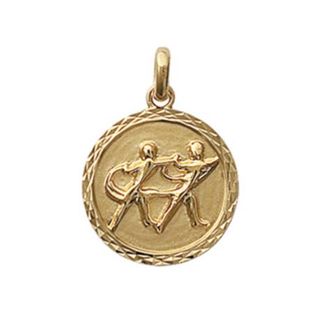 Pendentif Médaille Signe Du Zodiaque "Gémeaux" En Plaqué Or 18 Carats 750/000