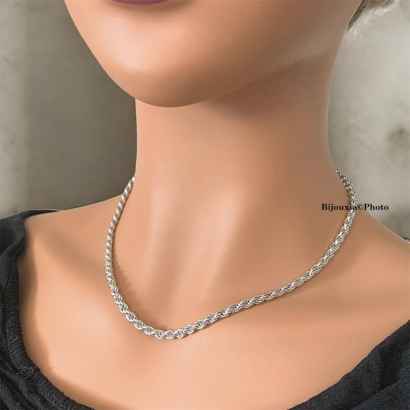 Collier Maille Corde Robuste Argent Massif 925/1000 Rhodié