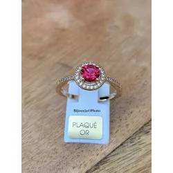 Bague Solitaire Pierre Rouge Zirconium Rubis Plaqué Or 18 Carats 5 Microns Joaillerie