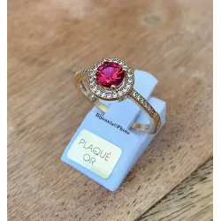Bague Solitaire Pierre Rouge Zirconium Rubis Plaqué Or 18 Carats 5 Microns Joaillerie