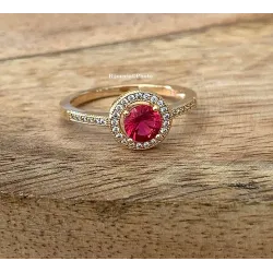 Bague Solitaire Pierre Rouge Zirconium Rubis Plaqué Or 18 Carats 5 Microns Joaillerie