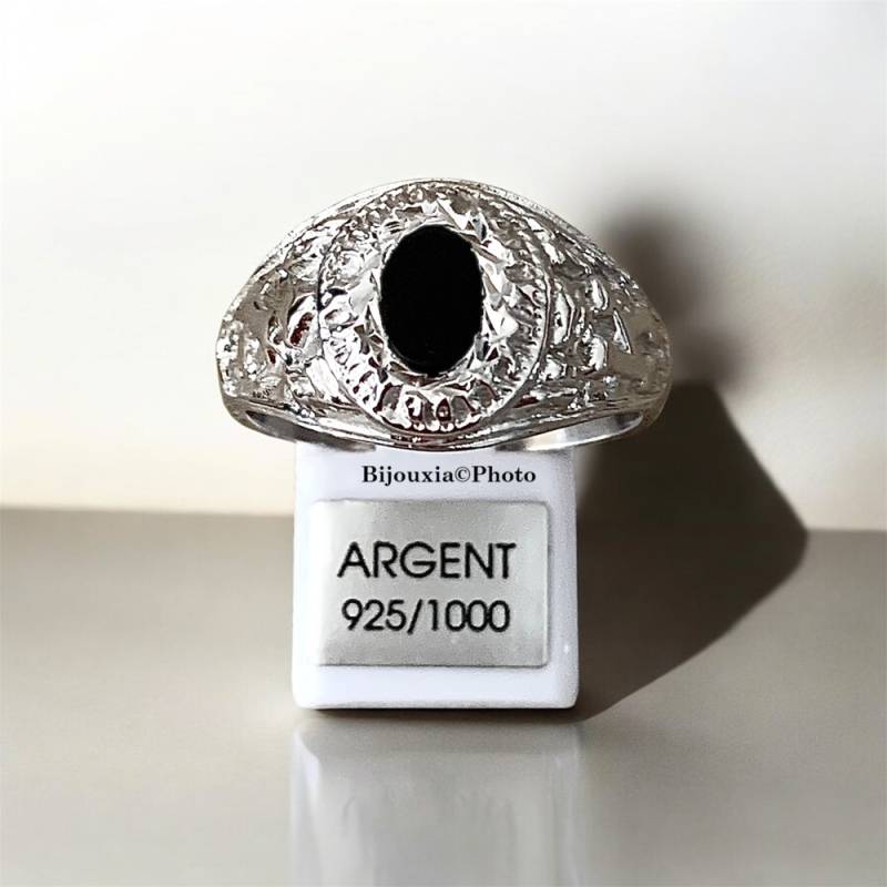 Chevalière US Américaine En Argent 925/000 Onyx Tailles 50 à 70