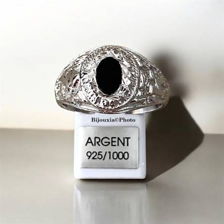 Chevalière US Américaine En Argent 925/000 Onyx Tailles 50 à 70