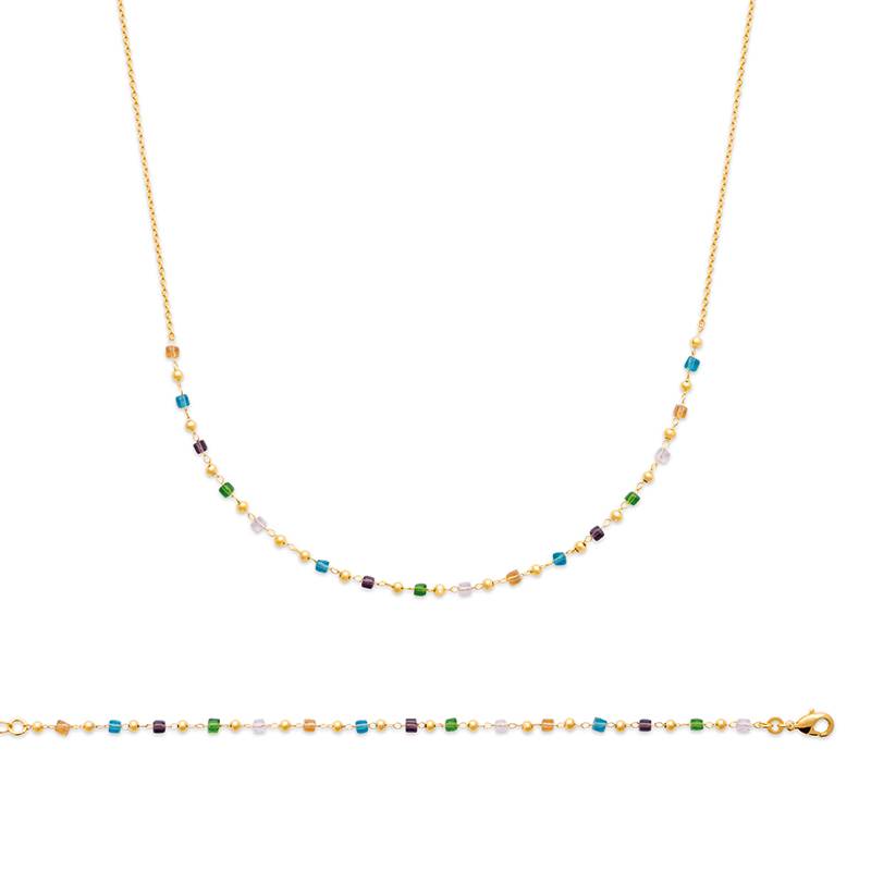 Collier Perles de Cristal Multicolore Et Boules Dorées En Plaqué Or 750/000