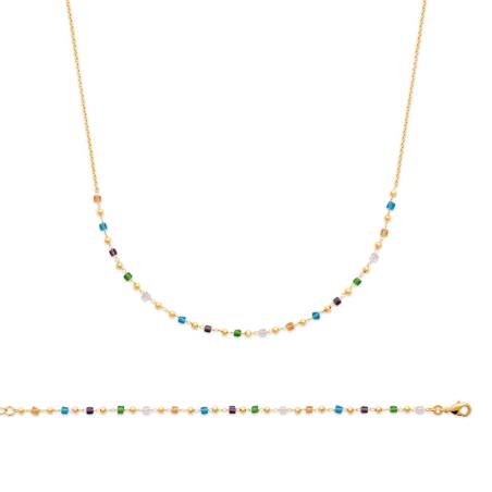 Collier Perles de Cristal Multicolore Et Boules Dorées En Plaqué Or 750/000