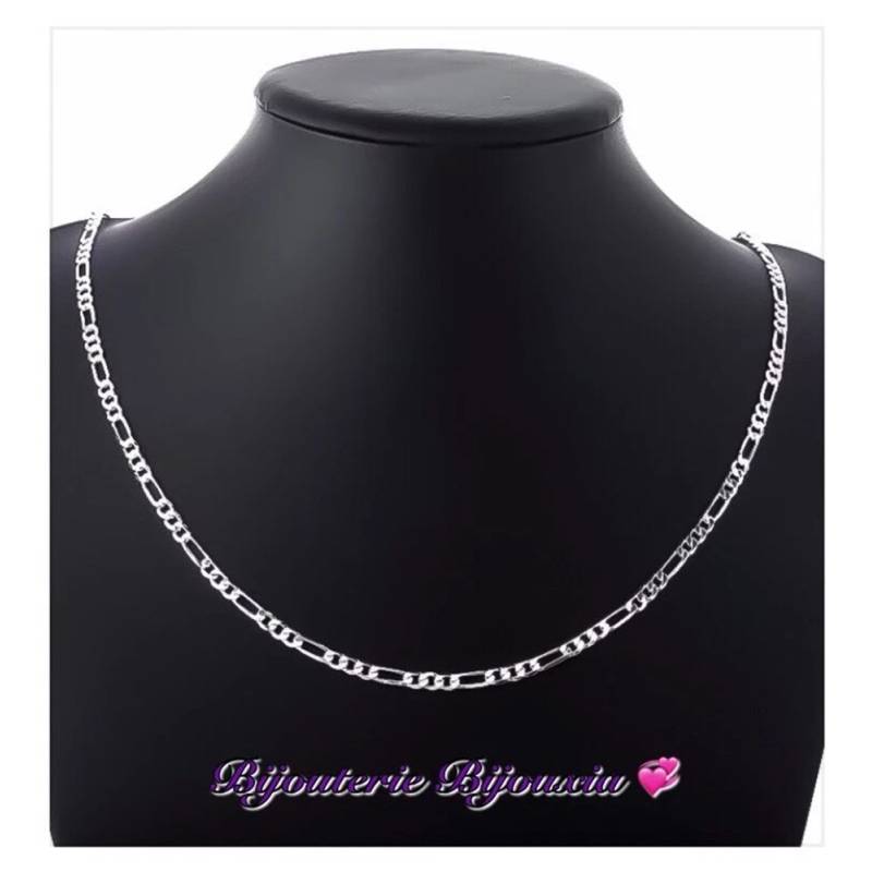 Chaîne Maille Figaro diamantée 45cm X 3 mm Argent Massif 925/1000 Bijoux NEUF