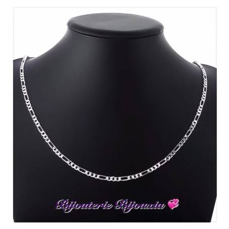 Chaîne Maille Figaro Diamantée 50cm X 3 mm Argent Massif 925/1000 Bijoux NEUF