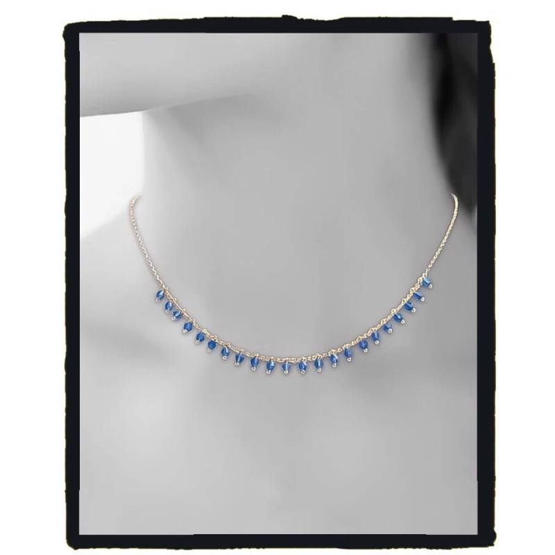 Collier pampilles Perles de Cristal Bleu Et Plaqué Or 18 Carats 750/000